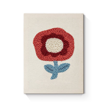 Röd blomma med blå blad – Punch needle-broderi