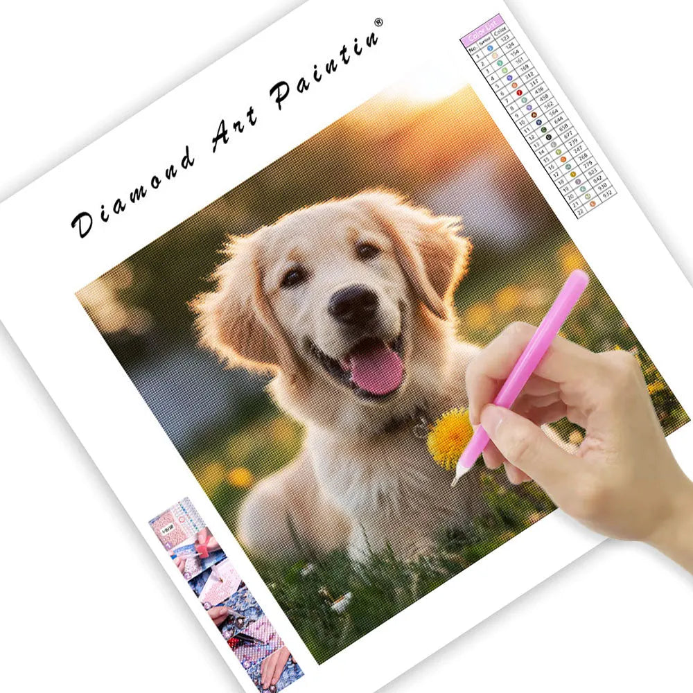 Golden retriever med maskros – Diamantmålning