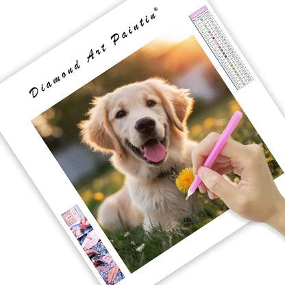 Golden retriever med maskros – Diamantmålning