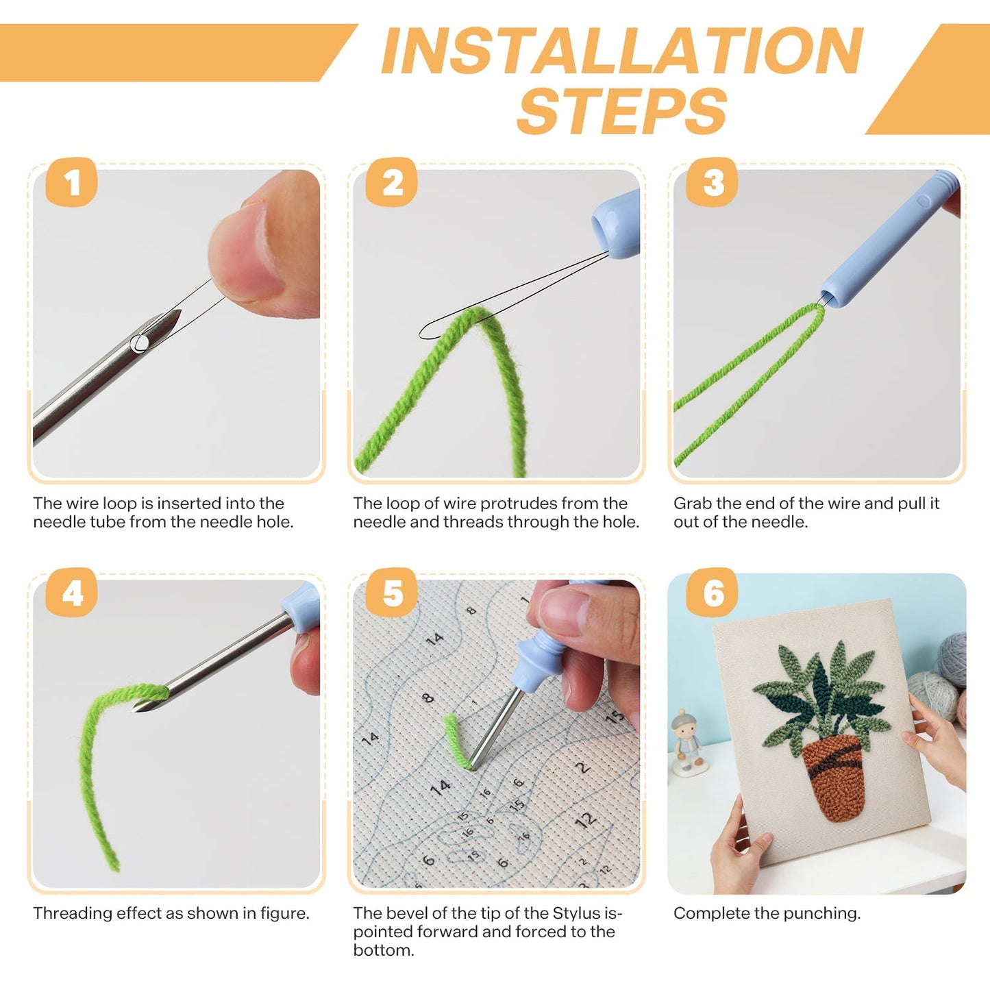 Frodiga gröna blad i kruka – Punch needle-broderi