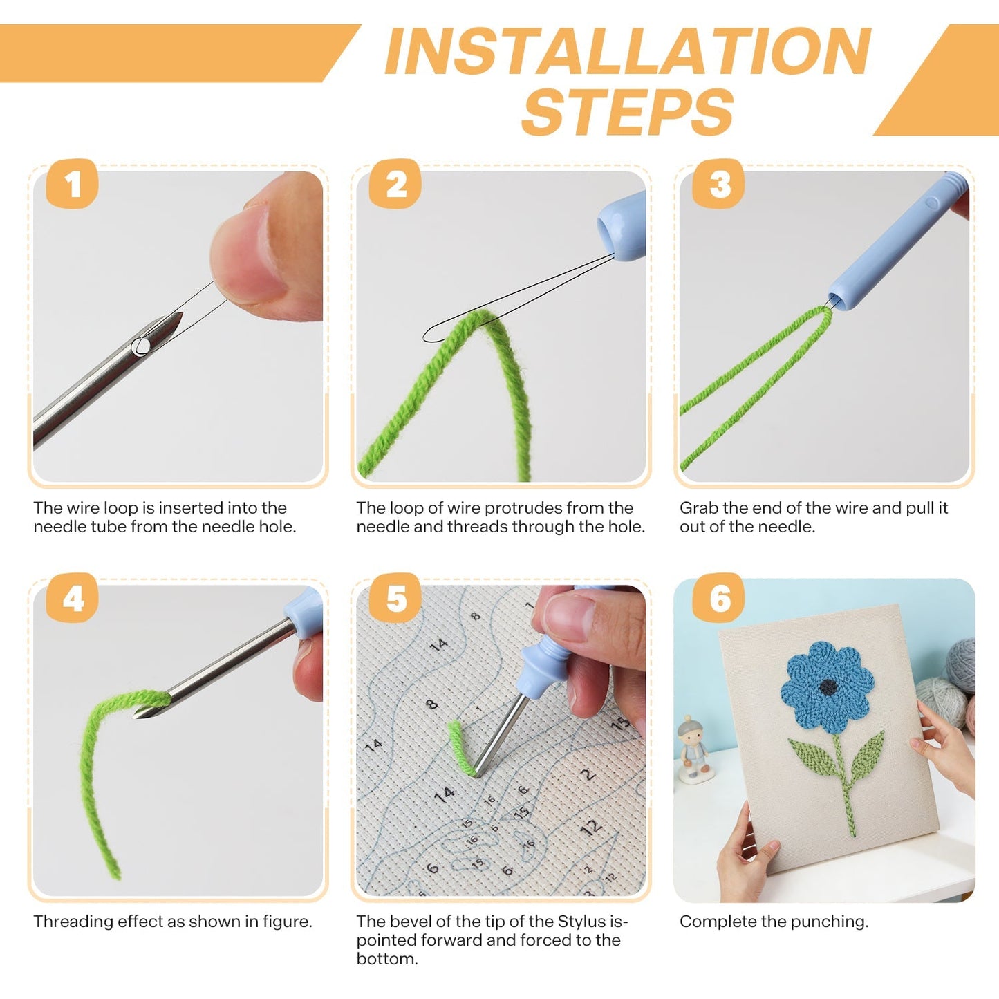 Blå blomma med gröna blad – Punch needle-broderi
