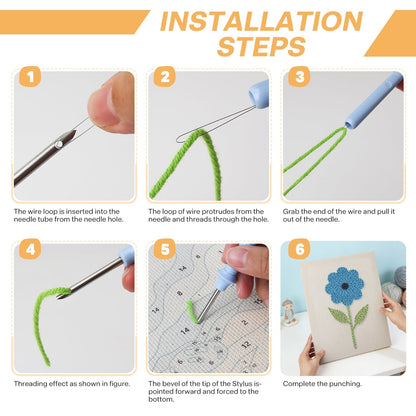 Blå blomma med gröna blad – Punch needle-broderi