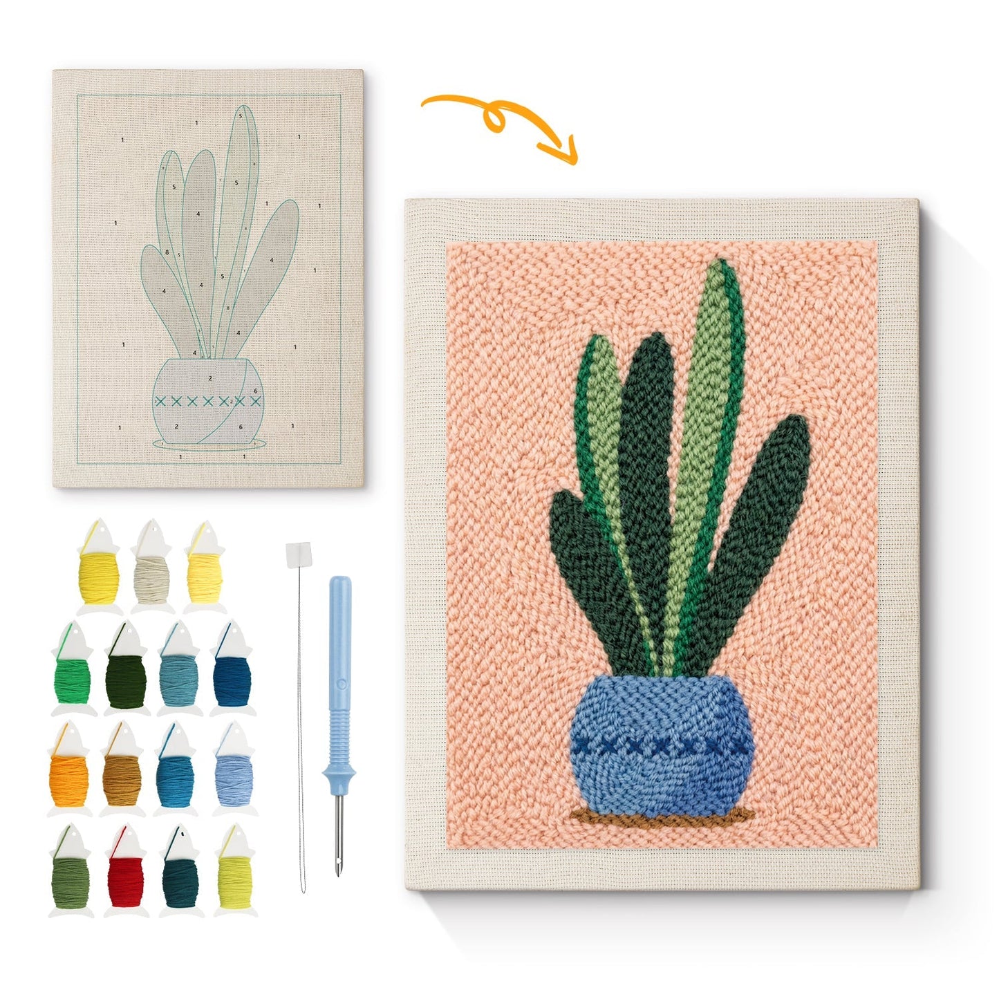 Blå växt i kruka – Punch needle-broderi