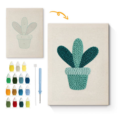 Blå kaktus i kruka – Punch needle-broderi
