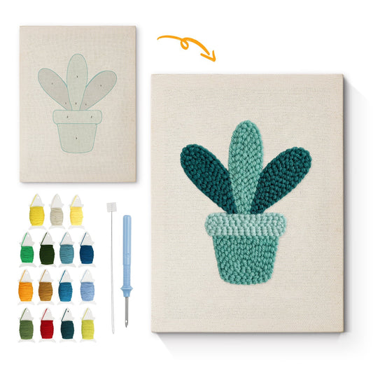 Blå kaktus i kruka – Punch needle-broderi