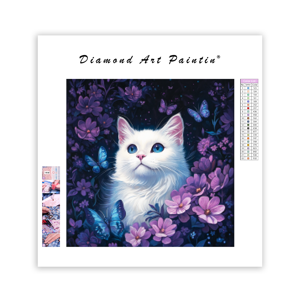 Katt omgiven av fjärilar och blommor - Diamantmålning
