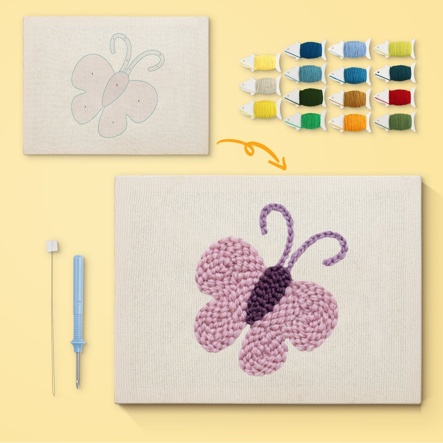 Lila fjärilsbroderi – Punch needle-broderi