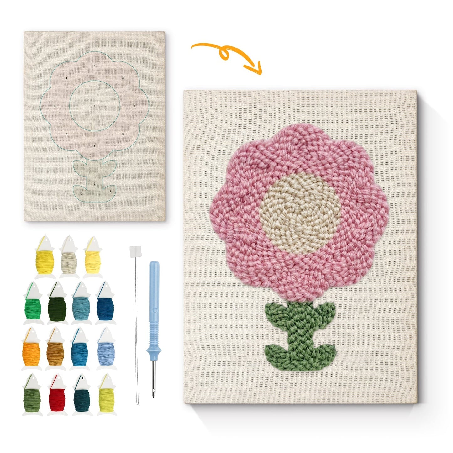 Mjukrosa blomma med gröna blad – Punch needle-broderi