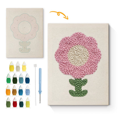 Mjukrosa blomma med gröna blad – Punch needle-broderi