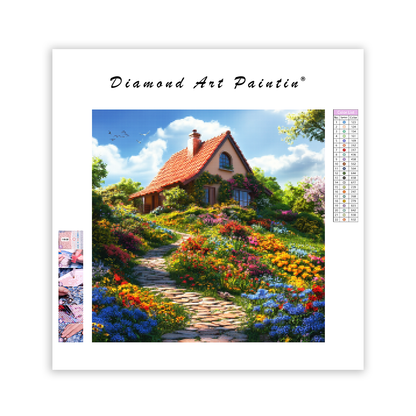 Färgglad stuga på en blomsterkulle - Diamond Painting