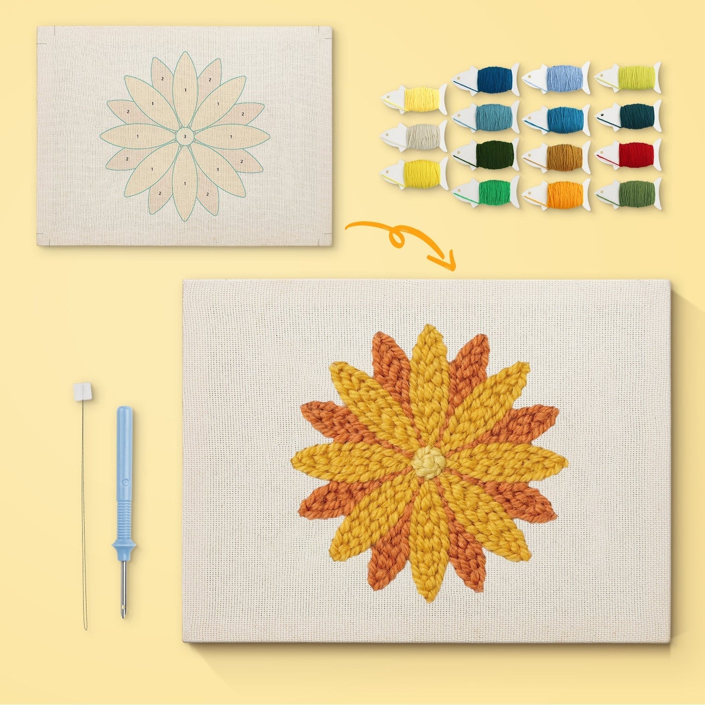 Gul solros – Punch needle-broderi