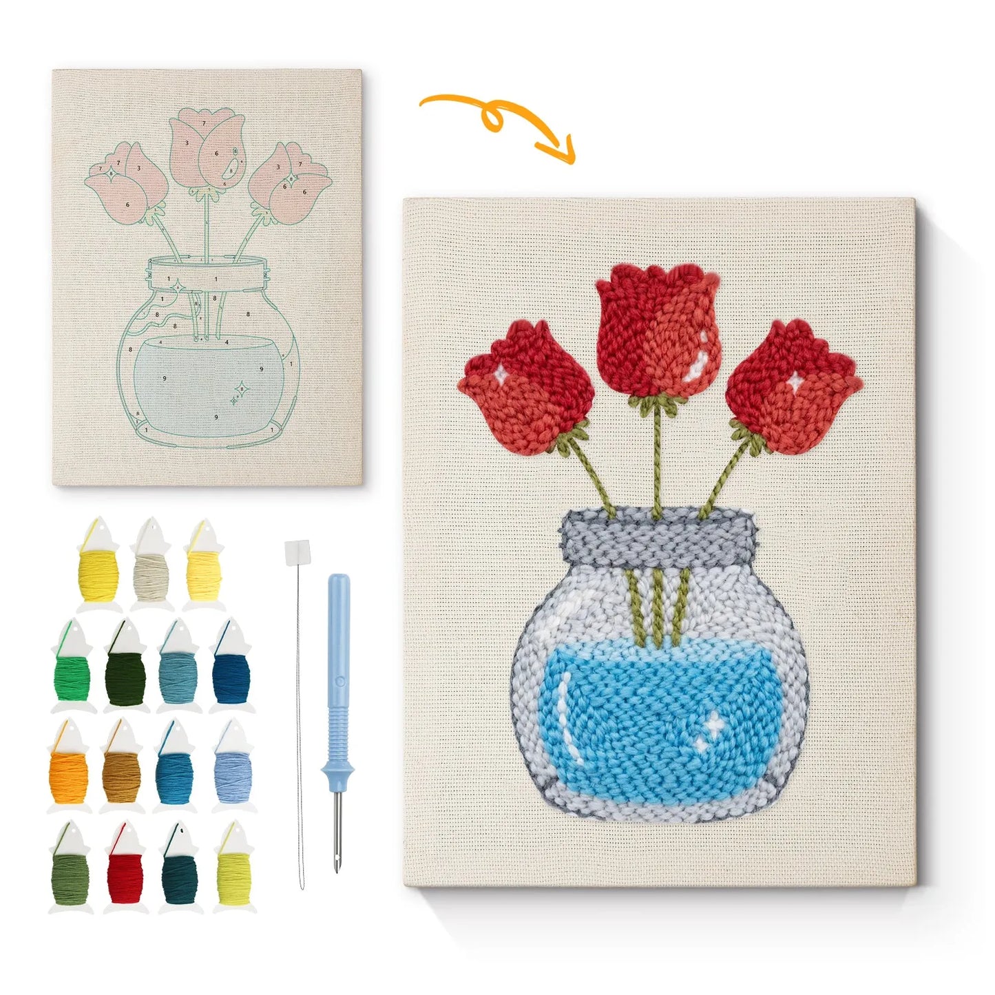 Röda tulpaner i glasburk – Punch needle-broderi