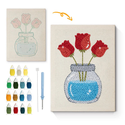 Röda tulpaner i glasburk – Punch needle-broderi