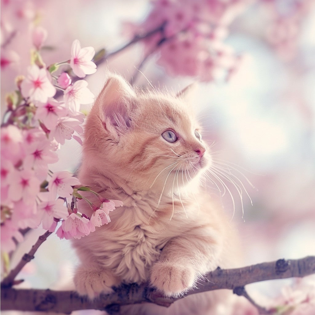 Kattunge bland sakurablommor – Diamantmålning