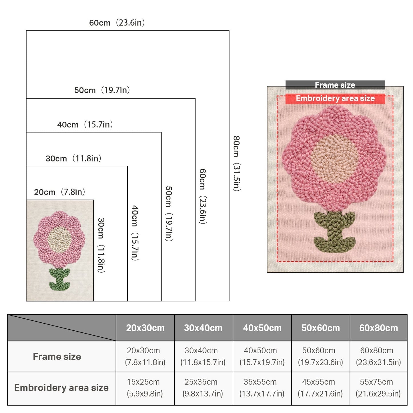 Mjukrosa blomma med gröna blad – Punch needle-broderi