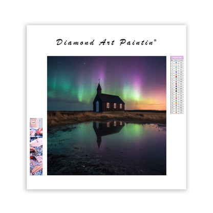 Isländsk kyrka under norrsken - Diamantmålning