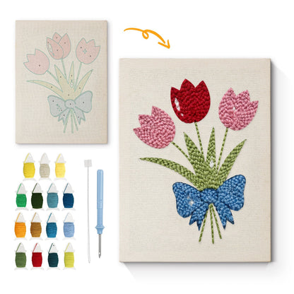 Tulpanbukett med blå rosett – Punch needle-broderi