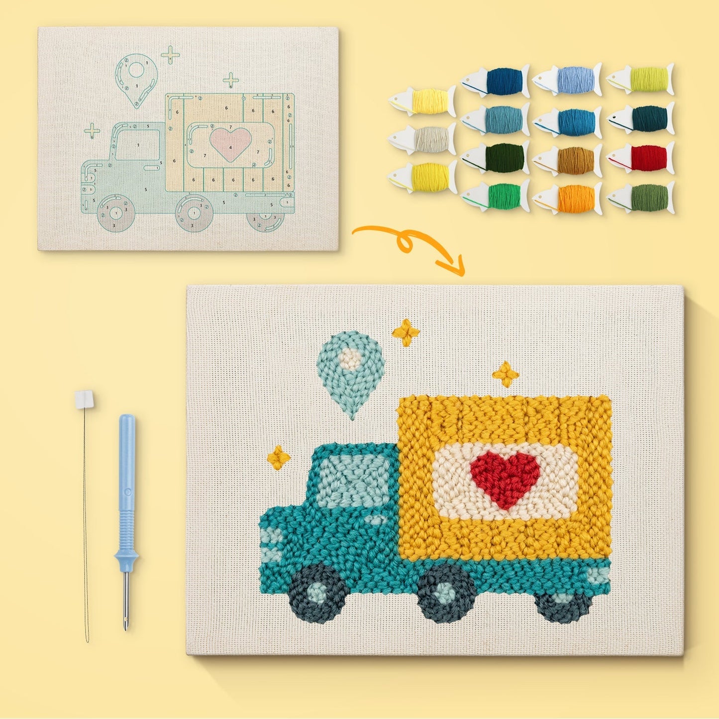 Presentlastbil – Punch needle-broderi