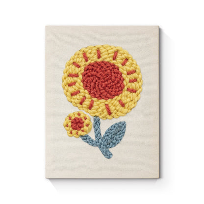 Gul solros med röd mitt och blå blad – Punch needle-broderi