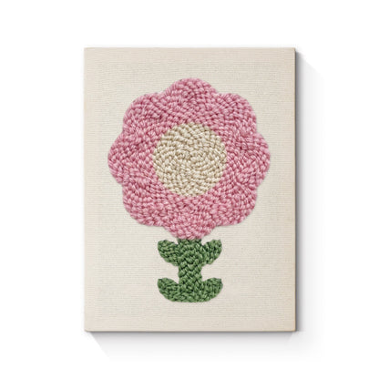Mjukrosa blomma med gröna blad – Punch needle-broderi