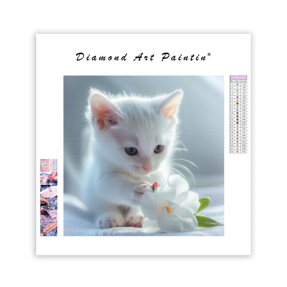 Vit katt med gardenia – Diamantmålning