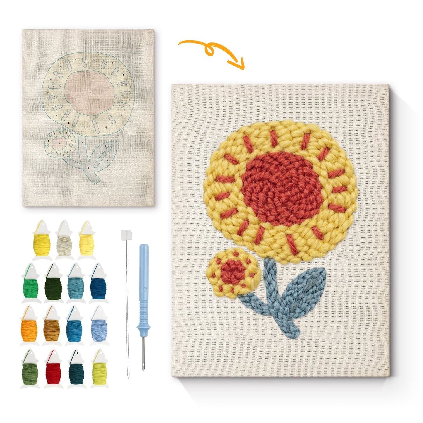 Gul solros med röd mitt och blå blad – Punch needle-broderi