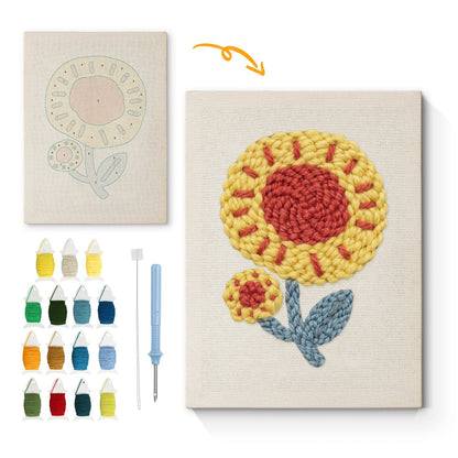 Gul solros med röd mitt och blå blad – Punch needle-broderi