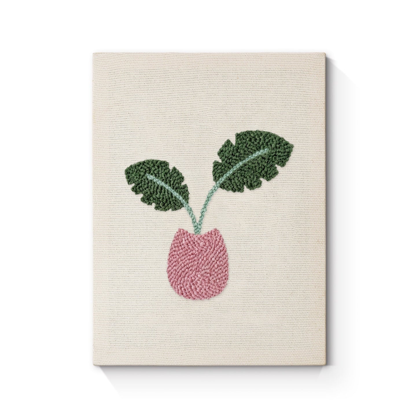 Rosa kruka med gröna blad – Punch needle-broderi