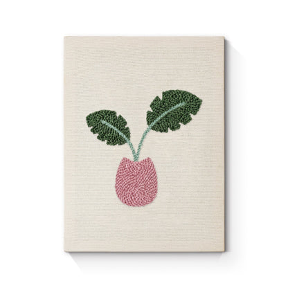 Rosa kruka med gröna blad – Punch needle-broderi
