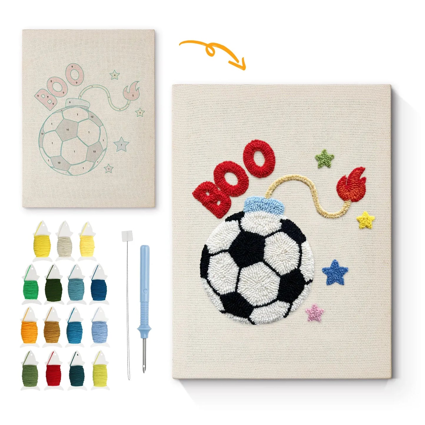 Fotbollsbomb – Punch needle-broderi