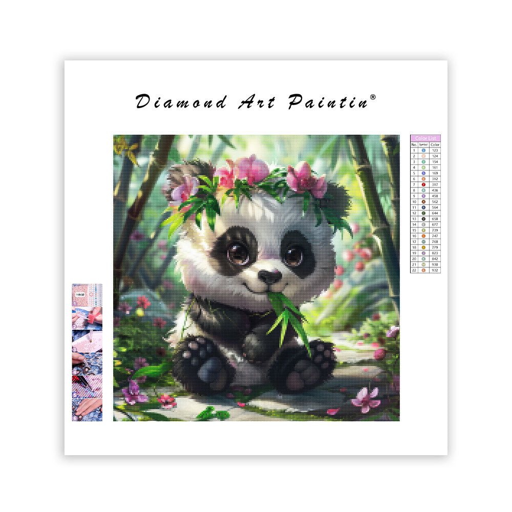 Panda med bambu och blommor – Diamantmålning