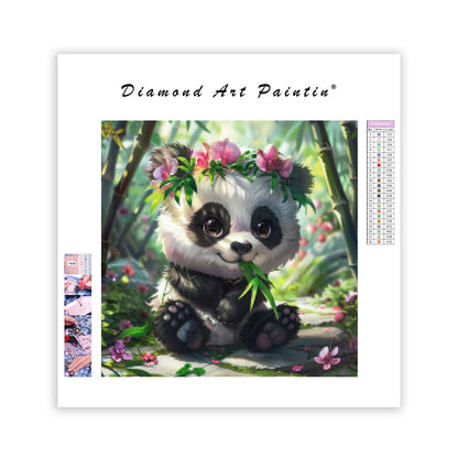 Panda med bambu och blommor – Diamantmålning