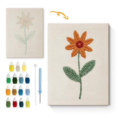 Orange blomma med gröna blad – Punch needle-broderi