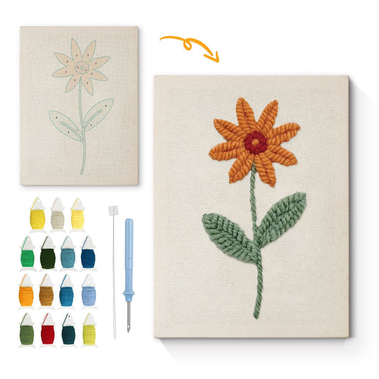 Orange blomma med gröna blad – Punch needle-broderi
