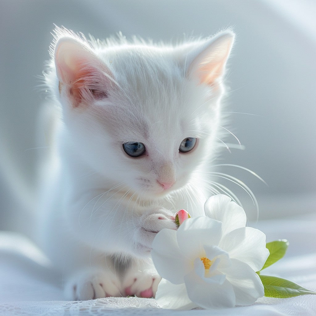 Vit katt med gardenia – Diamantmålning