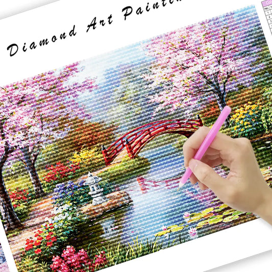 Cherry Tree Bridge River Flowers - DiamantmåLning