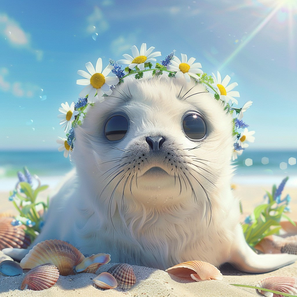 Säl bland strandblommor – Diamantmålning