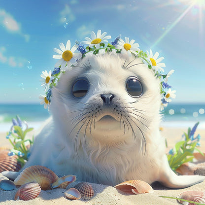 Säl bland strandblommor – Diamantmålning