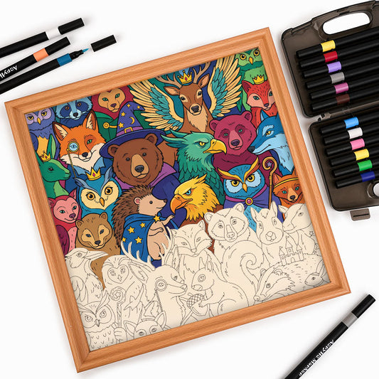 Förtrollade skogsvänner - Träpussel att färglägga med målarbilder