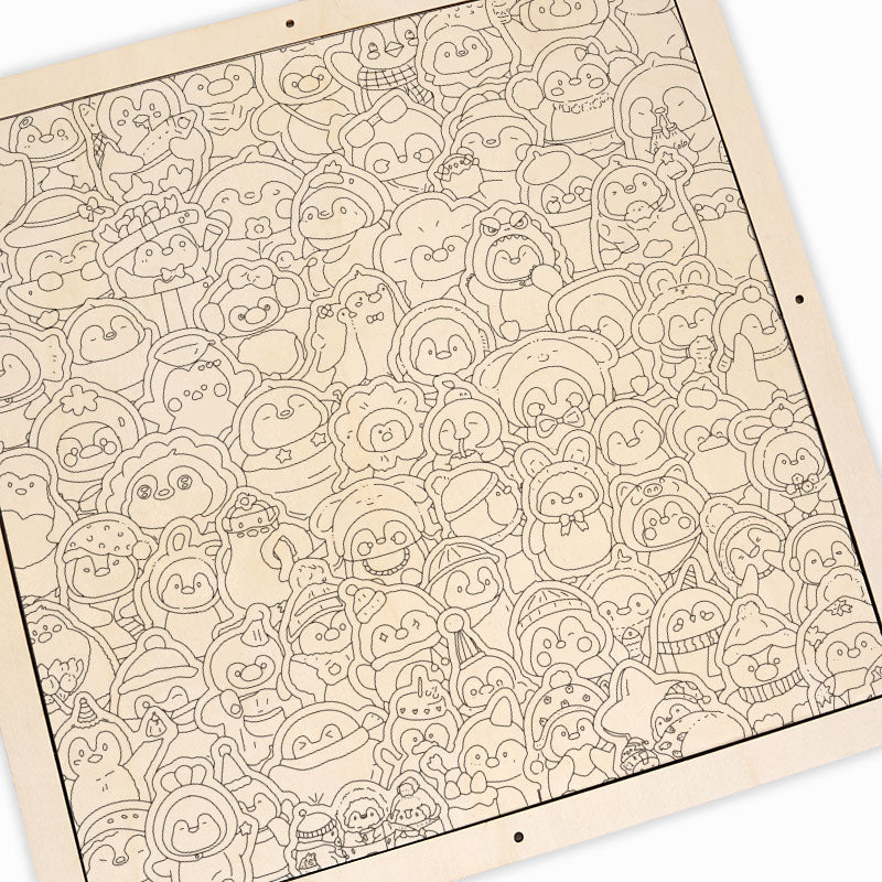 Roliga pingviner - Träpussel att färglägga