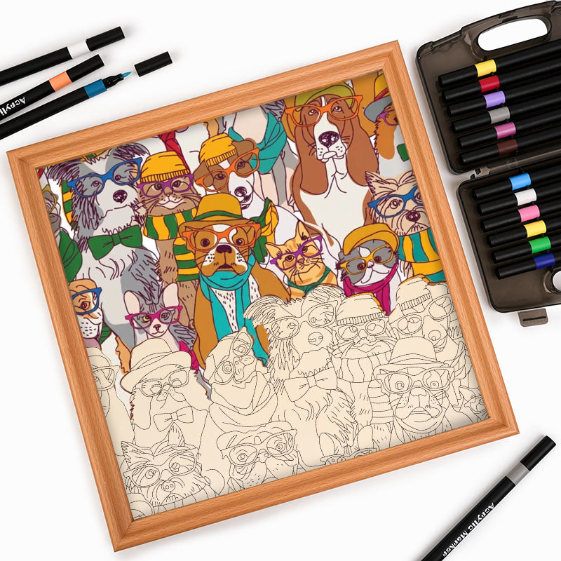 Hundar med glasögon - Träpussel att färglägga