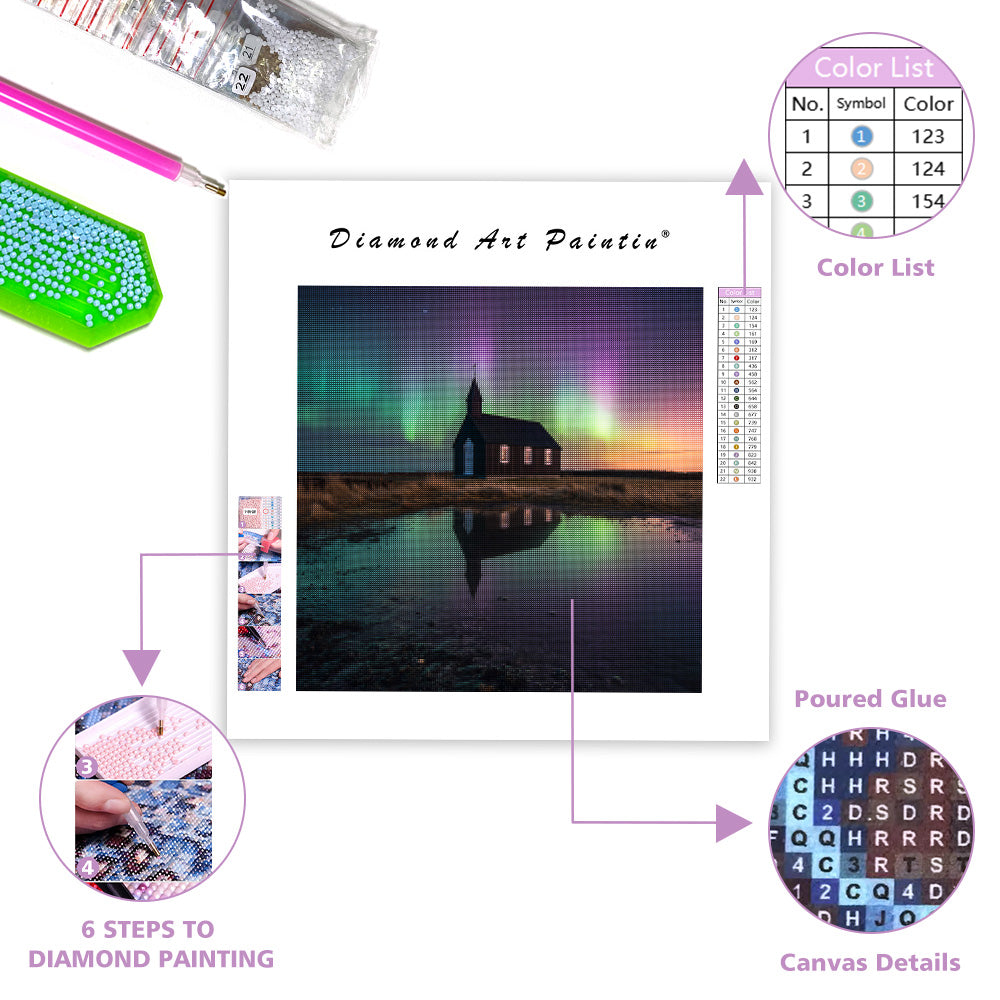 Isländsk kyrka under norrsken - Diamantmålning