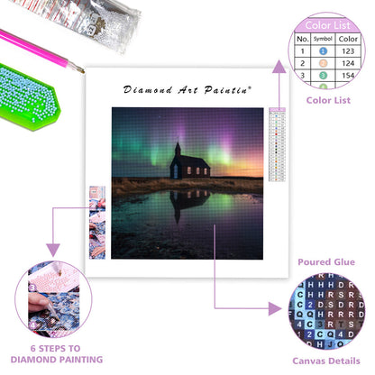 Isländsk kyrka under norrsken - Diamantmålning