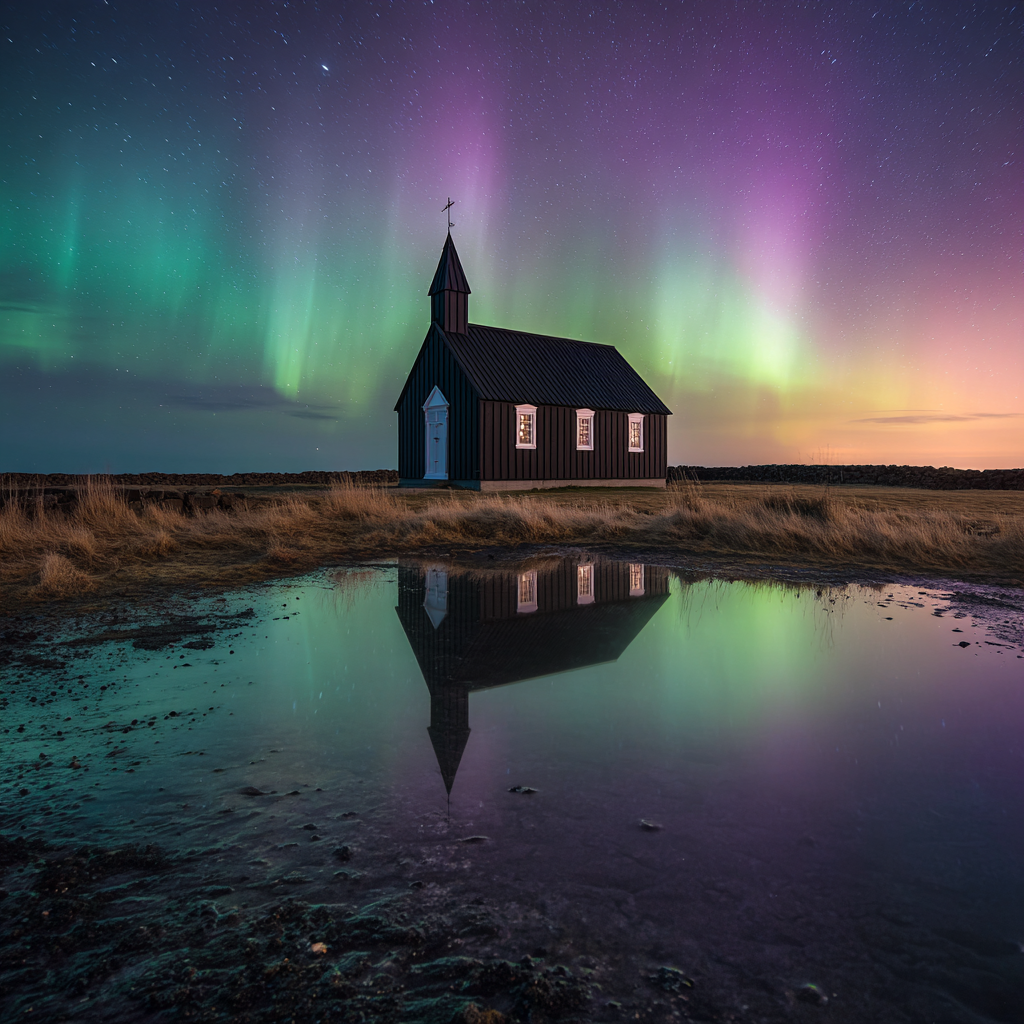 Isländsk kyrka under norrsken - Diamantmålning