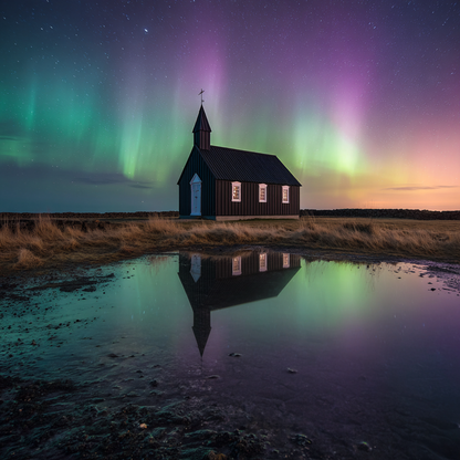 Isländsk kyrka under norrsken - Diamantmålning
