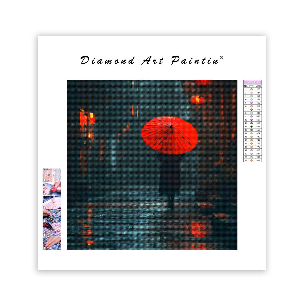 Rött paraply i Regnig gränd - Diamantmålning