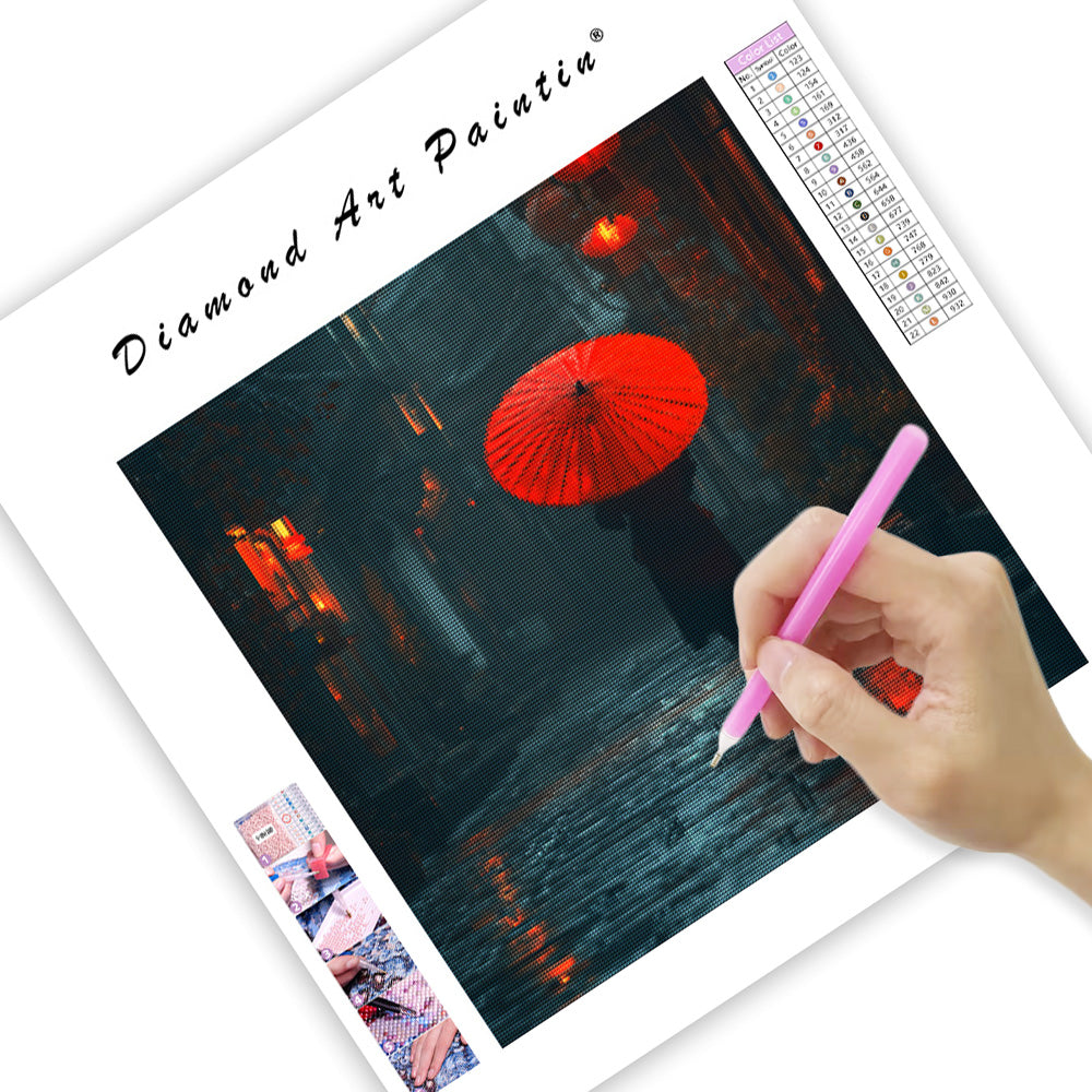 Rött paraply i Regnig gränd - Diamantmålning