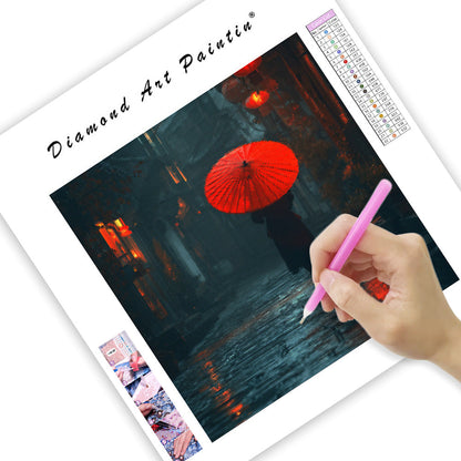 Rött paraply i Regnig gränd - Diamantmålning