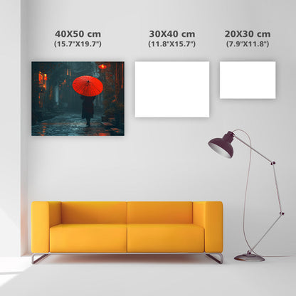 Rött paraply i Regnig gränd - Diamantmålning