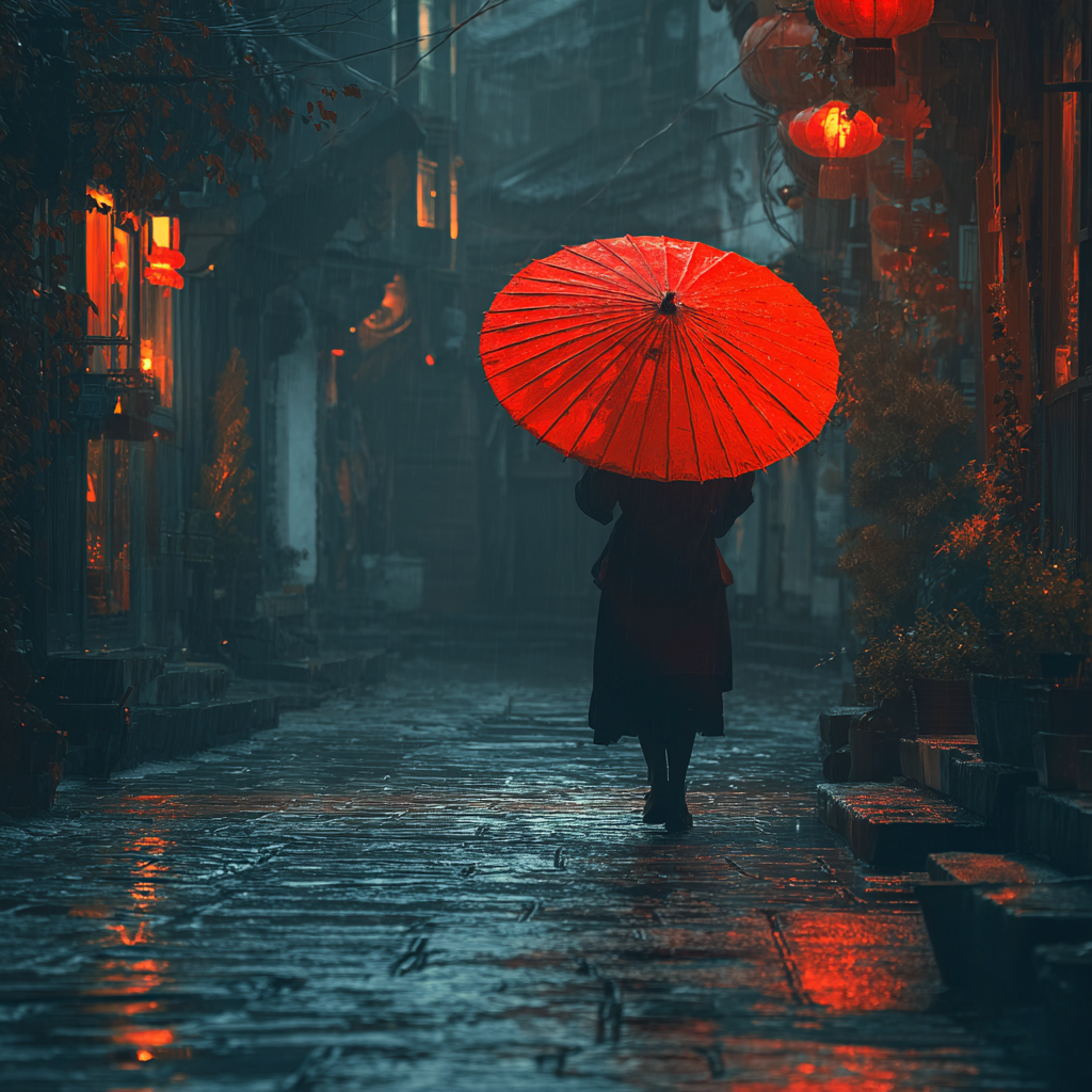 Rött paraply i Regnig gränd - Diamantmålning